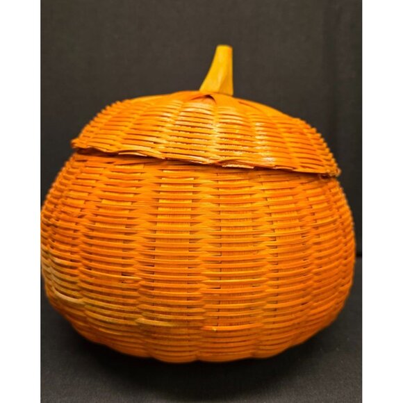 Vintage Primitive Orange Jack-O-Lantern Halloween Decorative Fall Basket w Lid - Picture 4 of 9